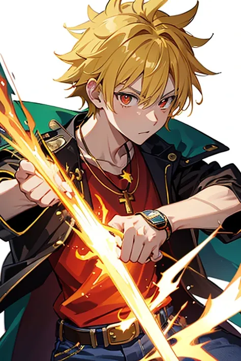 Taiga Akatora from Camp Buddy, boy, 16 years old, spiky blonde hair with flaming yellow highlights and red eyes, black shirt with green stripe, necklace with a gold cross, blue jeans, light black belt, profile looking directly at the viewer, white backgrou...