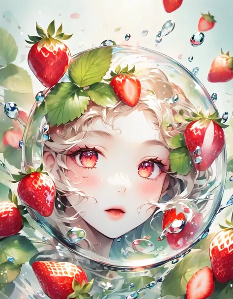 (One capsuleのstrawberry), strawberry、One capsule、Water Drop、Transparent glass、Cool feeling、For advertising purposes