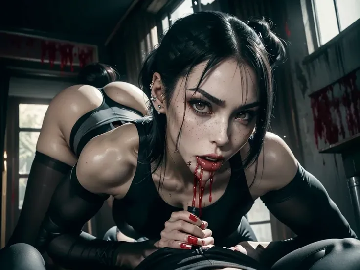 (((red dripping blood))), ((1 female vampire with sharp perfect fangs)), (She is sucking on a mans penis to the hilt), she is biting into a mans penis with her sharp fangs intense, super slutty,, POV imamate insertion, (skintight slutty and revealing bodys...