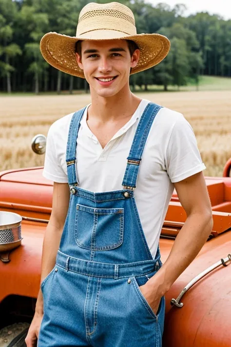 Young handsome cute beautiful skinny white face without shirt overalls winged bottons of his grandmother humble ranch hat feeding corn to many chicken ,specific