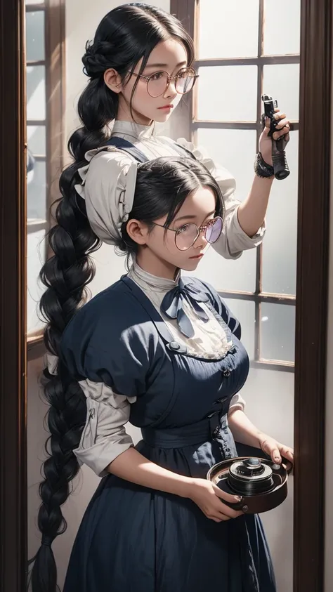 Large round lens glasses、Long indigo hair braided、Tavern、Edwardian maid outfit、Handgun in one hand、woman、The pupils are invisible due to the reflection of light.、Yuan Junjun、Reflected light glasses、年増woman、adult、Luxury House