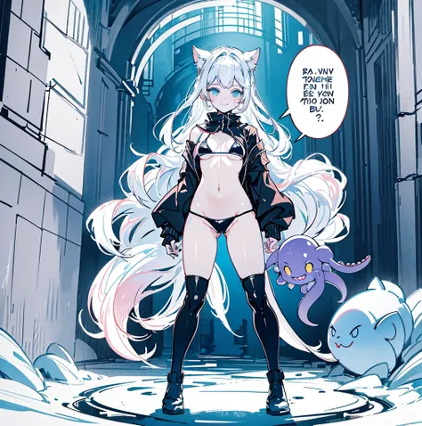 a pixel cat girl is standing with its eyes open and smiling at the camera with an octopus like tail on her body, on a wall chained in a stone prison pretty ragged anime characters together over one another over the top of them a hard light blushing lewd fa...