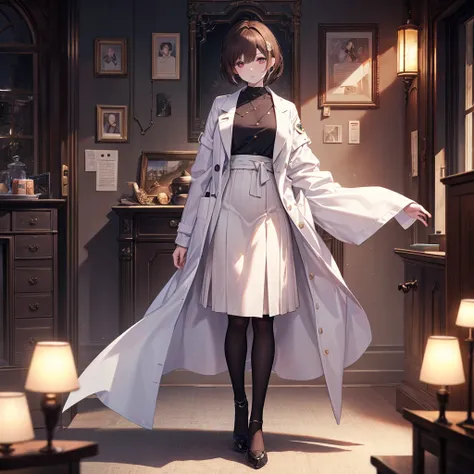 CG, Unity, 8k, wallpaper, Highest quality, masterpiece, Lovely lady, 18-year-old, Brown hair short cut, White skin, Best lighting, Complex pupil, Intricate weaving,professor,Wearing a white coat,Full Body