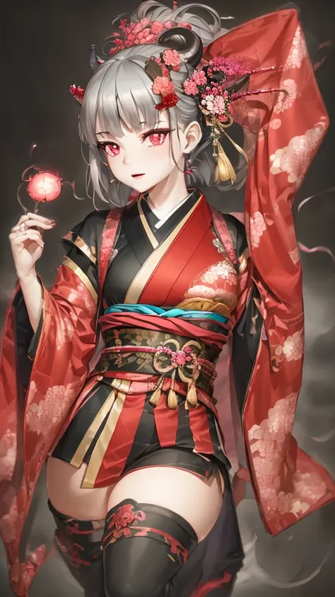 It looks like Demon Slayer,Japanese clothing kimono,Oiran,Female Swordsman,Turning around、The location is the night entertainment district。High resolution, Grey hair, Purple eyes, Horns of the beast, tooth, Highest quality, Gaze, Textured skin, Ultra high ...