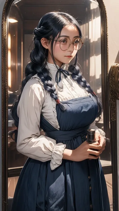 Large round lens glasses、Long indigo hair braided、Tavern、Edwardian maid outfit、One-handed machine gun、woman、The pupils are invisible due to the reflection of light.、Yuan Junjun、Reflected light glasses、年増woman、adult、Luxury House