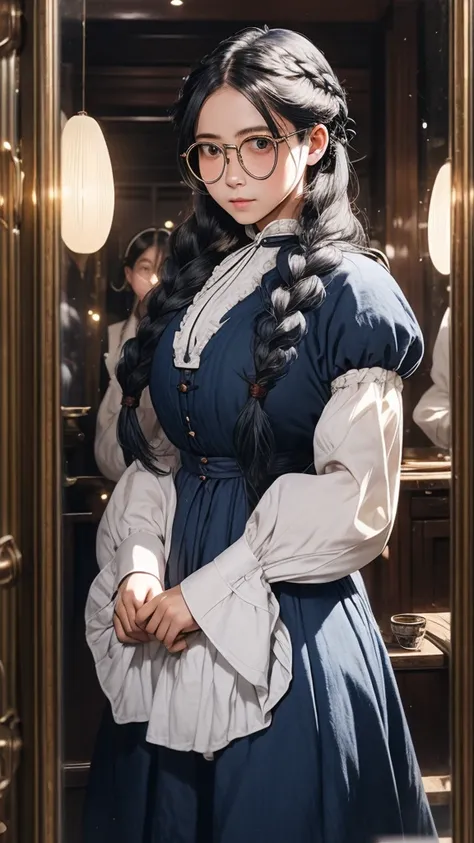 Large round lens glasses、Long indigo hair braided、Tavern、Edwardian maid outfit、One-handed machine gun、woman、The pupils are invisible due to the reflection of light.、Yuan Junjun、Reflected light glasses、年増woman、adult、Luxury House