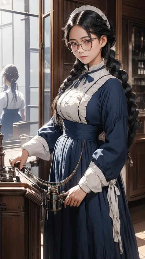 Large round lens glasses、Long indigo hair braided、Tavern、Edwardian maid outfit、One-handed machine gun、woman、The pupils are invisible due to the reflection of light.、Yuan Junjun、Reflected light glasses、年増woman、adult、Luxury House