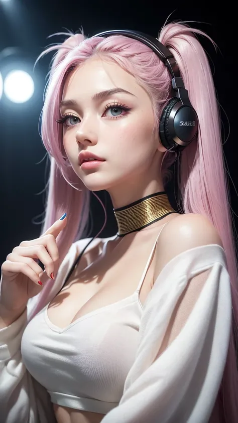 (A photo of a beautiful girl in fashionable casual clothes wearing headphones and singing into a recording microphone in a recording studio was posted on social media.) (The beautiful girl is 17 years old, 18% Japanese, 26% French, and 56% Ukrainian, 178 c...