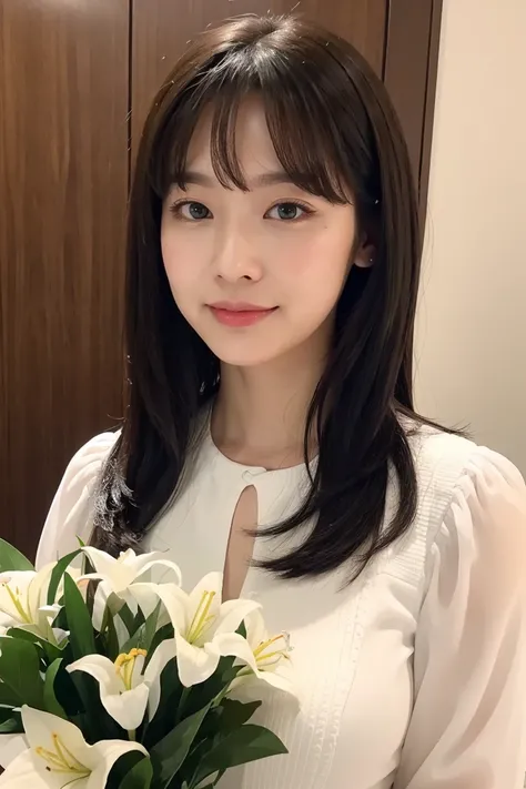 Medium Size Display, Medium Shot, Written boundary depth, bust, Upper Body, Movie angle, masterpiece, Highest quality, Very detailed, CG, 8k wallpaper, Beautiful Face, Delicate eyes, Otome, alone, smile, bangs, skirt, Formal blouse, Bouquet of lilies