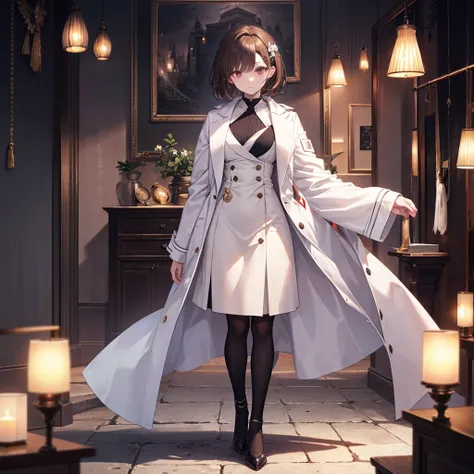 CG, Unity, 8k, wallpaper, Highest quality, masterpiece, Lovely lady, 18-year-old, Brown hair short cut, White skin, Best lighting, Complex pupil, Intricate weaving,professor,Wearing a white coat,Full Body
