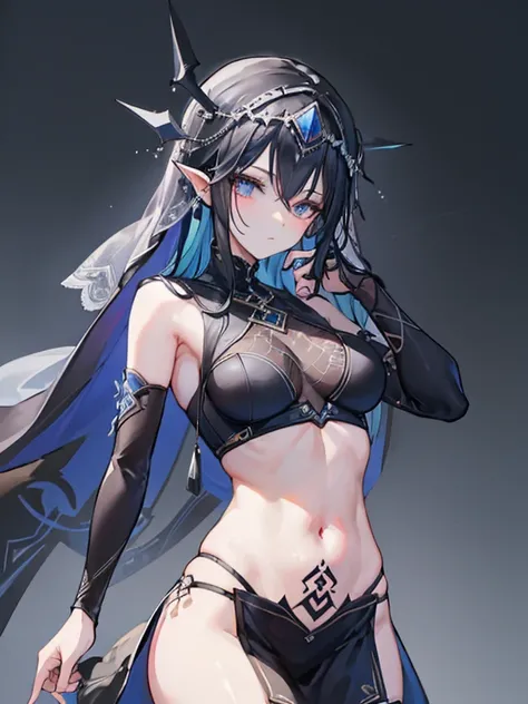 ((best quality)), ((masterpiece)), (detailed), 1girl, midriff, long black hair, blue highlights, ((face veil)), rune symbols on body, rune tattoo, pointy ears