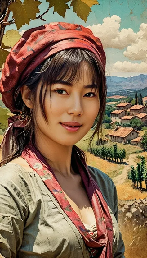 Japanese colorfulness, cinematic romance, tempera, impasto, legal illustration, poster, landscape, ink-painted edges, summer close-up, airy happy gentle girl, vintage Verona, windy cinematic portrait on cracked paper, detailed textures, dynamic pose, trees...