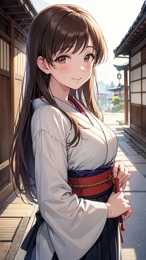 ((Depiction of only the upper body))、Highest quality、high resolution、High definition、HD、((Explore the streets of Kyoto、Old Japanese architecture))、(Nitta Minami、Long Hair、Medium chest、Brown Hair、Brown eyes、Glossy lips、Glowing Skin、Realistic skin texture、(C...