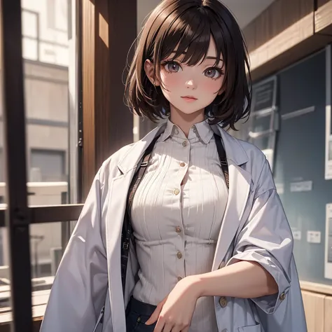 CG, Unity, 8k, wallpaper, Highest quality, masterpiece, Lovely lady, 18-year-old, Brown hair short cut, White skin, Best lighting, Complex pupil, Intricate weaving,professor,Wearing a white coat,harf body