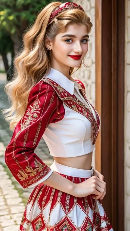 Elena Kampouris in traditional Yugoslavian clothes sexy with lipstick and smiling