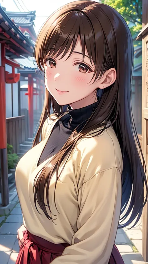 ((Depiction of only the upper body))、Highest quality、high resolution、High definition、HD、((Explore the streets of Kyoto、Old Japanese architecture))、(Nitta Minami、Long Hair、Medium chest、Brown Hair、Brown eyes、Glossy lips、Glowing Skin、Realistic skin texture、(T...