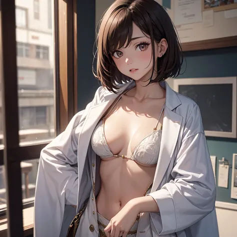 CG, Unity, 8k, wallpaper, Highest quality, masterpiece, Lovely lady, 18-year-old, Brown hair short cut, White skin, Best lighting, Complex pupil, Intricate weaving,professor,Wearing a white coat,harf body,An open-chested vest,Small breasts