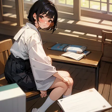 a white girl with short black hair, brown eyes, and in a japanese school uniform sitting in a library looking at the viewer blushing