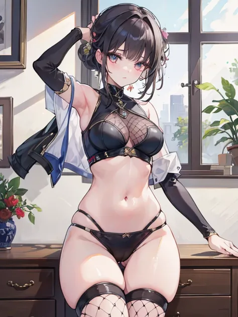 ((best quality)), ((masterpiece)), (detailed), 1girl, midriff, fishnet