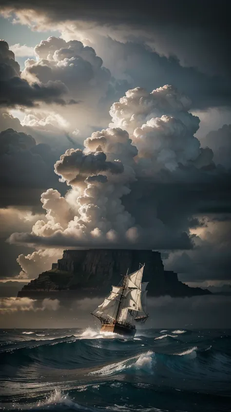 A sailing ship during the age of exploration sailing through the famous treacherous Cape of Good Hope, with a great storm and high waves, dramatic cloudy sky, dramatic lighting, extremely detailed, cinematic, oil painting, epic scale, dramatic, moody, atmo...