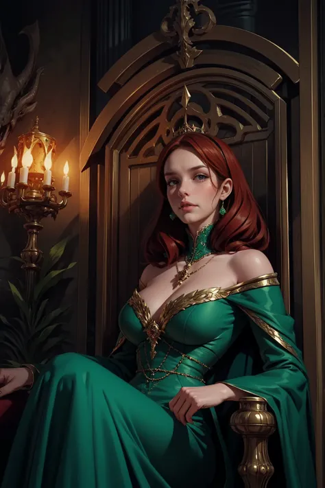 {-erro_de_anatomia:1.0} woman 40 years old, victorian era, queen clothes, (green dress), dark castle, a woman (alicent hightower), meddium dark red hair (dark red hair), (brown eyes) . Indifferent look , merciless. among the dragons, dinamic poses, egoist ...