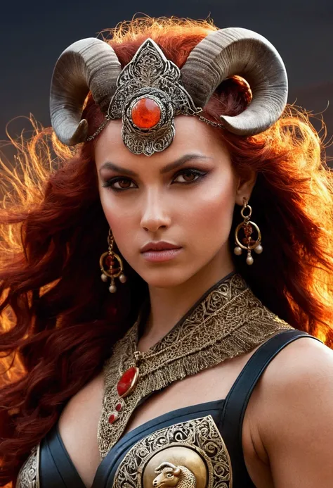 "Create an image of a woman inspired by the zodiac sign Aries. She should have a bold and fierce appearance, with an athletic and confident posture. Her expression should convey determination and fearless energy. The woman should have striking, fiery red o...