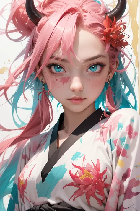 masterpiece, best quality, 1 girl, demon eyes, kimono, (lycoris flower) in hair, highly detailed, high definition, pink hair, (teal ink, pink paint splatter), (yellow ink, violet paint splatter), , watercolor, vibrant colors