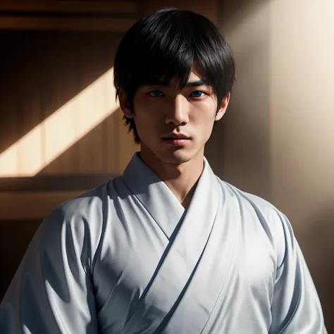 an eighteen year old Japanese man with a razualvemte full physique, have fair skin, I want you to have blue eyes and your hair covers your left eye with bangs, one eye covered by bangs, has a serious expression, and wears a white kimono, has a black cape o...