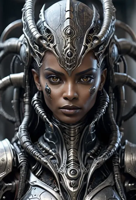 Ebony Female close up portrait shot, superior ancient Strigoi vampire,brown skin,dark alien armor,black exoskeleton, horror, dreamlike, (Artstation:1.1), (intricate:1.1), (great eye detail:0.7), solo, female, looking at viewer, photorealistic, 8k, unreal e...