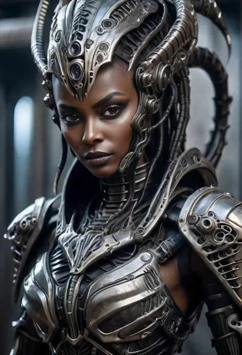 ebony female close up portrait shot, superior ancient strigoi vampire,brown skin,dark alien armor,black exoskeleton, horror, dre...