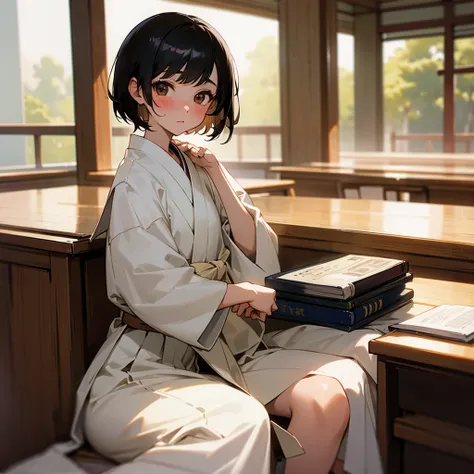 a white girl with short black hair, brown eyes, and in a japanese school uniform sitting in a library looking at the viewer blushing