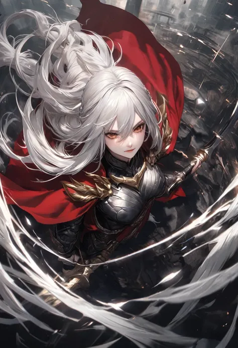 punctuation_9, punctuation_8_High above, punctuation_7_High above, textura de pele realista, detailed image of the anime, HD32k, hight contrast, textura de pele realista, beautiful female warrior, long  white hair, medium breasts, aretes, dark and black fa...