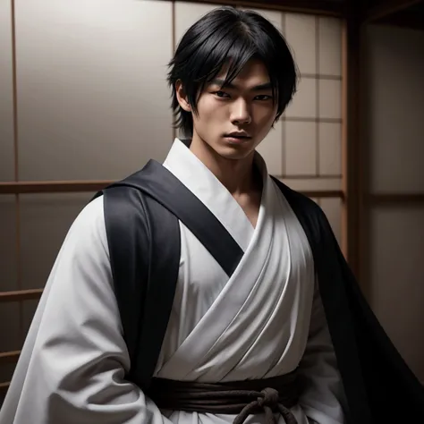 an eighteen year old Japanese man with a razualvemte full physique, have fair skin, I want you to have blue eyes and your hair covers your left eye with bangs, one eye covered by bangs, has a serious expression, and wears a white kimono, has a black cape o...