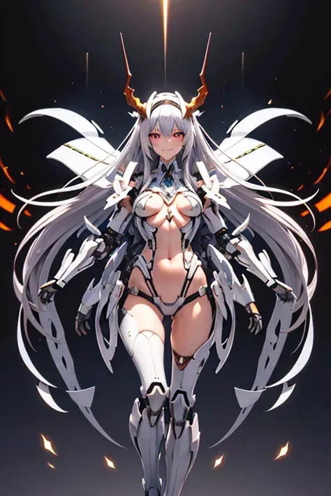 full body, High resolution, sight, smile, Shortcuts, bangs, Red eyes, Headpiece, Bangs between the eyes, head band, Horns of the beast, multiview, Decorative arts, masterpiece, Accurate, Anatomically correct, 最high quality, High resolution, Attention to de...