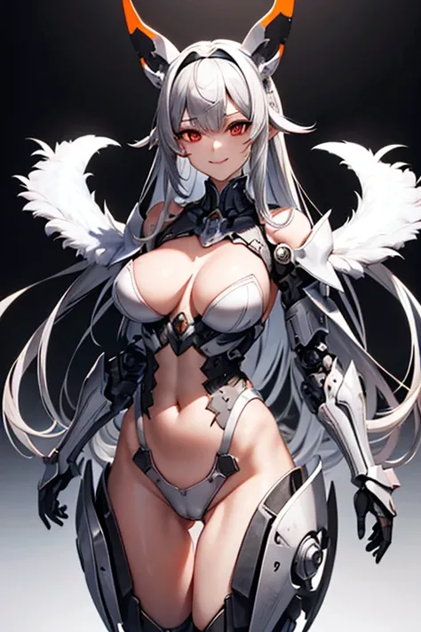 full body, High resolution, sight, smile, Shortcuts, bangs, Red eyes, Headpiece, Bangs between the eyes, head band, Horns of the beast, multiview, Decorative arts, masterpiece, Accurate, Anatomically correct, 最high quality, High resolution, Attention to de...