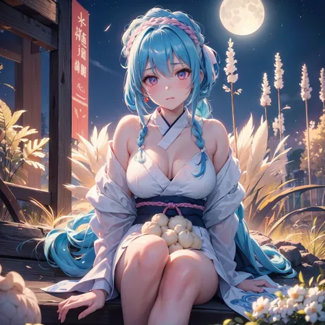 Sky blue hair, (Braided Ponytail:1.2), Pink eyes,Fair skin ,(whole body),(One Girl),Tsukimi,(White sweet dumplings ),White round dumplings,Japanese pampas grass,(beautiful, Full moon shining in the night sky),(masterpiece, Highest quality, Very detailed, B...