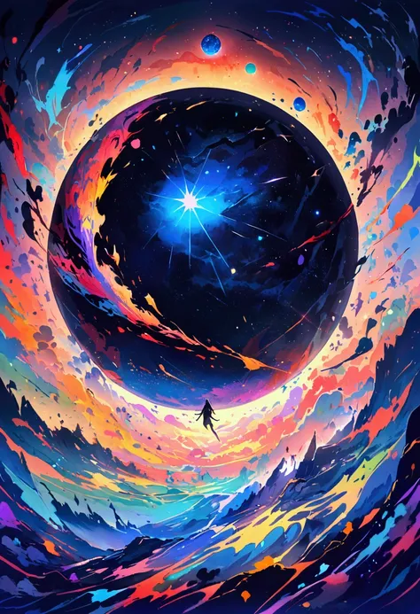 A black sphere floating in the middle of a beautiful universe。A glittering, spectacular and colorful world。No people。Character drawing。acrylic painting