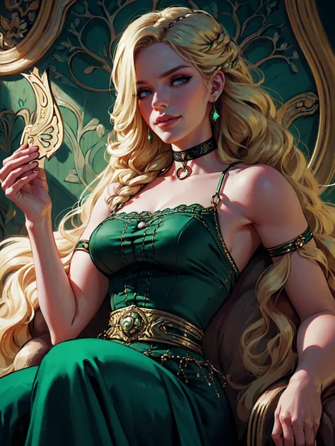 {-erro_de_anatomia:1.0} woman 40 years old, victorian clothes, (green dress), a woman (johanna constantine), very long blond hair, curly hair, (blond hair), (dark  blue 1 eyes), black choker . Indifferent look , merciless, dinamic poses, egoist smile, 