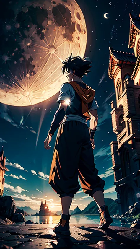 GOKU ANIME CHARACTER STANDING IN BEAUTIFUL GROUND AND SEE THE MOON IN NIGHT