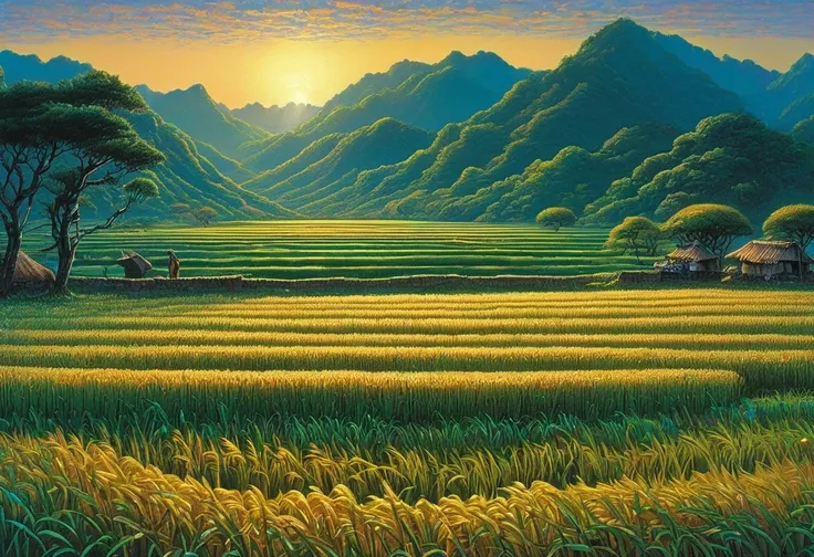 art：aries moros,art：bob byerly, metallic rice field landscape, at dusk, アシュリーウッドartai, greg rutkowski