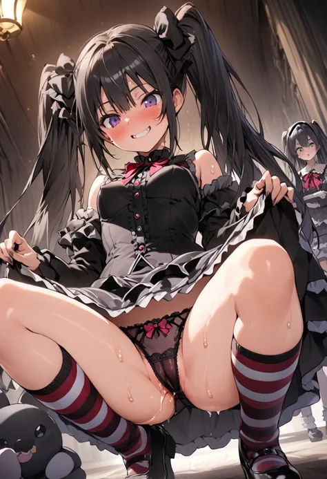 Ultra-high definition image quality、beautiful girl、high school girl、One Man、18-year-old、Twin tails、 Body Type、Striped knee socks、Devilish smile、Gothic Lolita Fashion、Black Hair、Big ribbon、Gothic Lolita Room、a large number of stuffed animals、Highest quality...