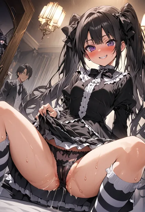 Ultra-high definition image quality、beautiful girl、high school girl、One Man、18-year-old、Twin tails、 Body Type、Striped knee socks、Devilish smile、Gothic Lolita Fashion、Black Hair、Big ribbon、Gothic Lolita Room、a large number of stuffed animals、Highest quality...