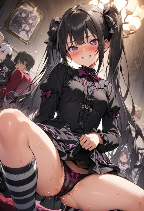 Ultra-high definition image quality、beautiful girl、high school girl、One Man、18-year-old、Twin tails、 Body Type、Striped knee socks、Devilish smile、Gothic Lolita Fashion、Black Hair、Big ribbon、Gothic Lolita Room、a large number of stuffed animals、Highest quality...