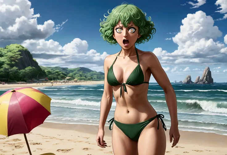 One Punch Man Tatsumaki (hyper realistic, age 17, big eyes, sexy 2 piece bikini) yelling at Saitama (second subject: Saitama, pasty complexion, no shirt, swim trunks, looking confused), beach
