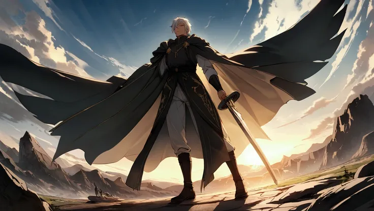 kai a young strong looking warrior medium black hair aged 24 training with his sword in the earlt morning at the sun raise time with his old aged master age 50 with the white hair drone shot view