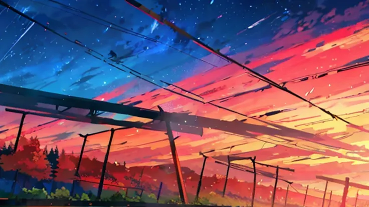 Animated railroad crossing track and sky background, A beautiful and harmonious scene, Exquisite animations, Rich details (Width is 672), high quality, Vivid 4K, Artistic 4k wallpapers, Amazing anime scenery, 8k art wallpaper.