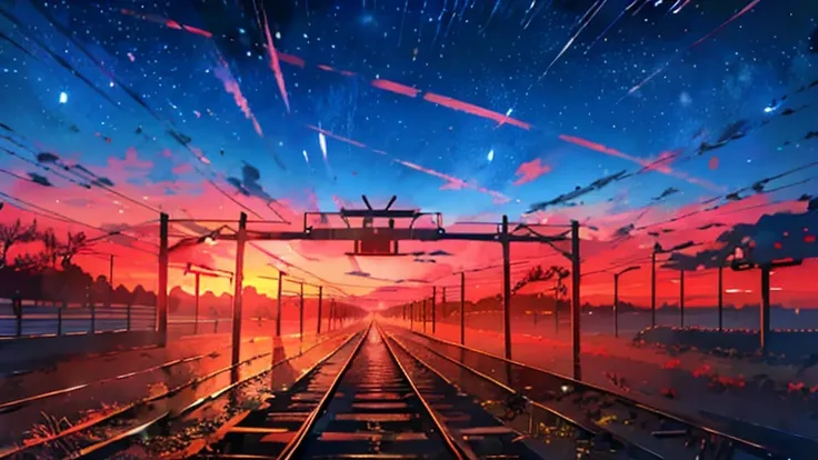 Animated railroad crossing track and sky background, A beautiful and harmonious scene, Exquisite animations, Rich details (Width is 672), high quality, Vivid 4K, Artistic 4k wallpapers, Amazing anime scenery, 8k art wallpaper.