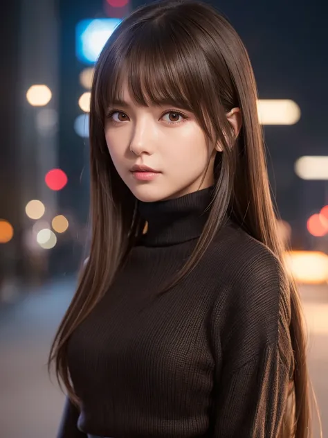 Product quality, 1 girl, Cowboy Shot, Front view, Young and pretty girl in Japan, At night, Wearing a black knitted turtleneck sweater, Wearing a mini skirt, Super cute face, Glossy Lips, Double eyelids on both eyes, (Natural Makeup), shiny smooth light br...