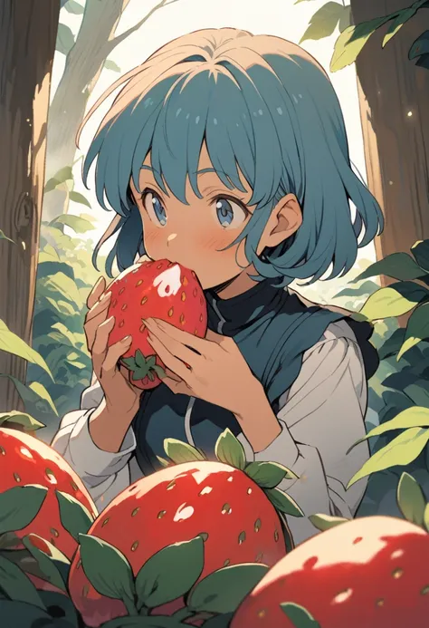 ghibli, nausicaa, a girl eating a large strawberry with gusto, upper body