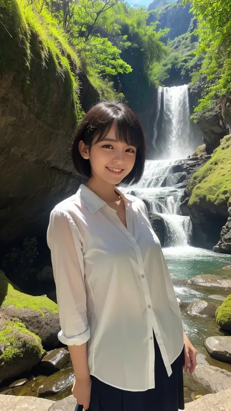 Beautiful woman standing next to a large waterfall,Nahida_Genshin Impact, Cruciform pupil,Short-haired girl、smile、Negative ions